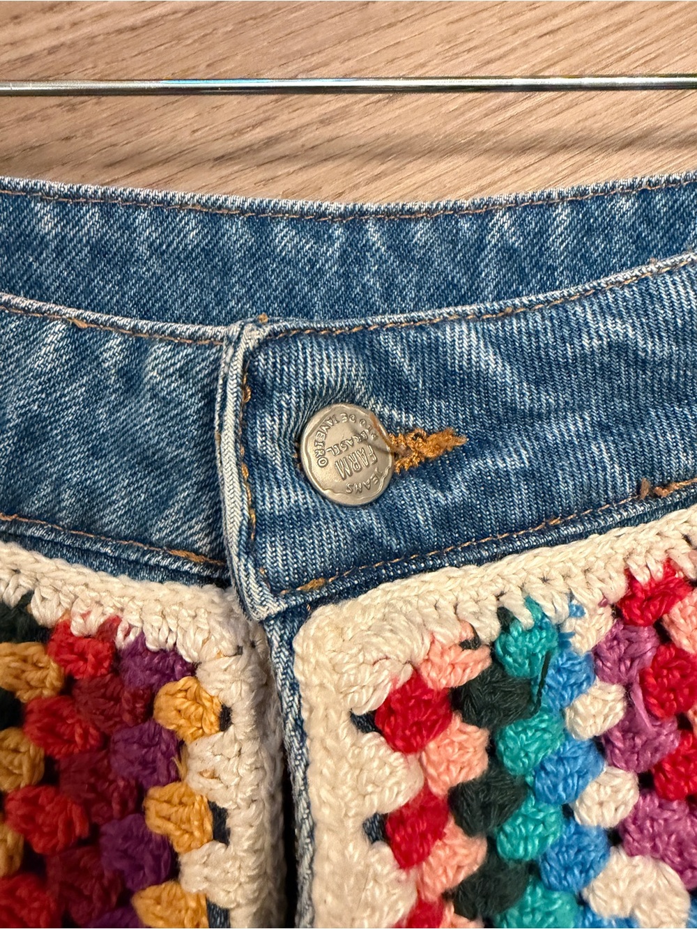 Farm Rio for Anthro Multicolor Crochet Patch High-Rise 100% cotton Denim Shorts - Picture 4 of 11